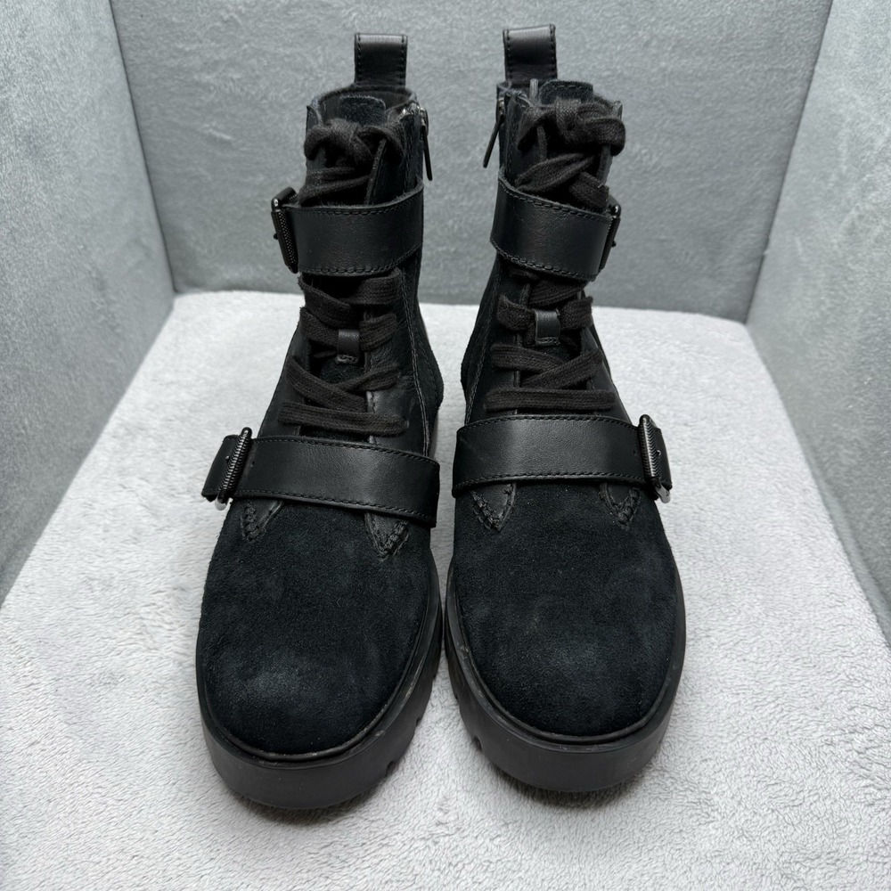 UGG Noe Black Leather Suede Moto Combat Boots Women's 10 Buckle Lug Sole Zip - Picture 2 of 9